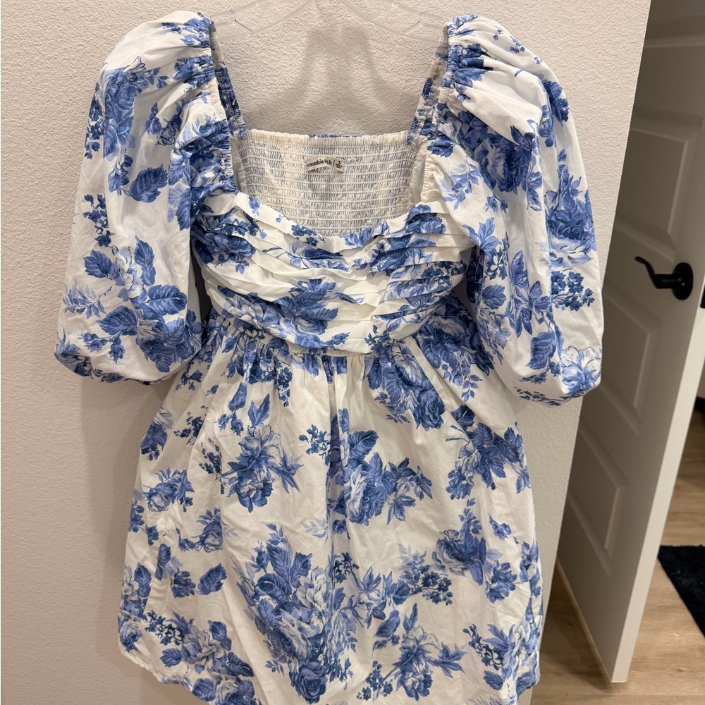 Abercrombie & Fitch Blue Floral Puff Sleeve Mini Dress Cottagecore - Picture 3 of 5